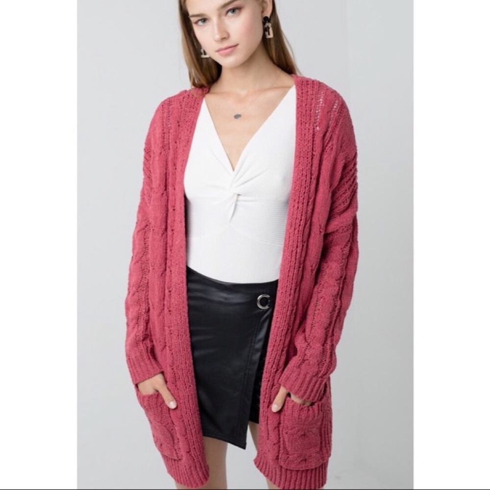Chunky cable knit ribbed open front cardigan